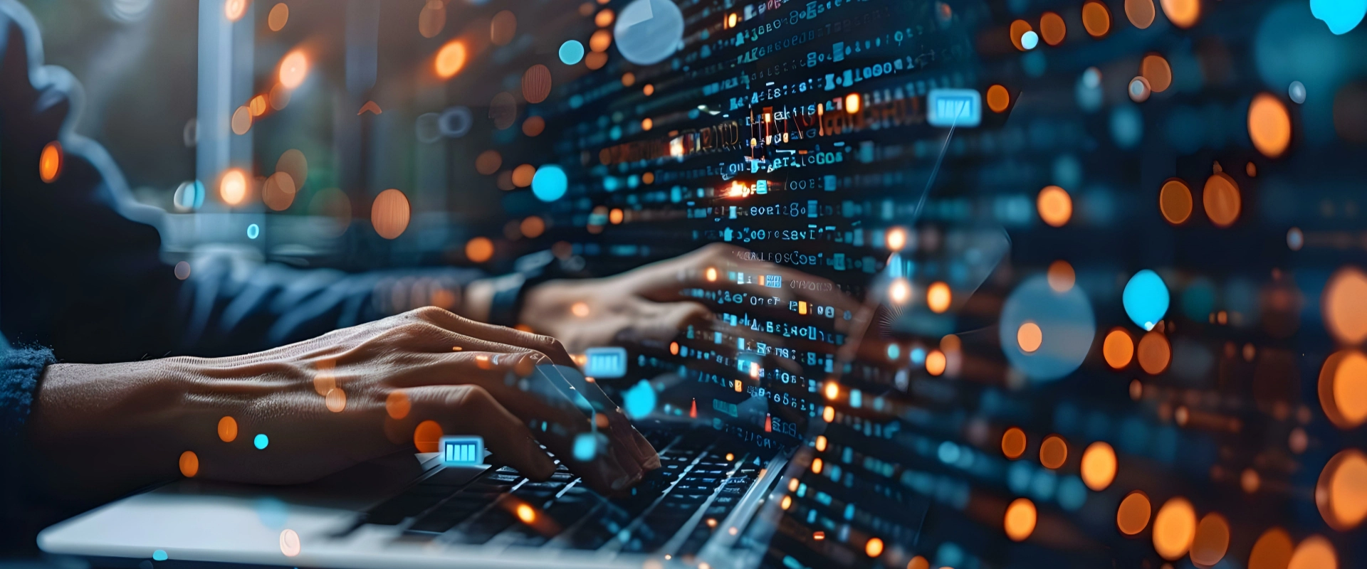 Hands typing on a laptop keyboard with colorful digital data and code overlay, representing technology, programming concepts, and comprehensive IT support from an expert IT support company.