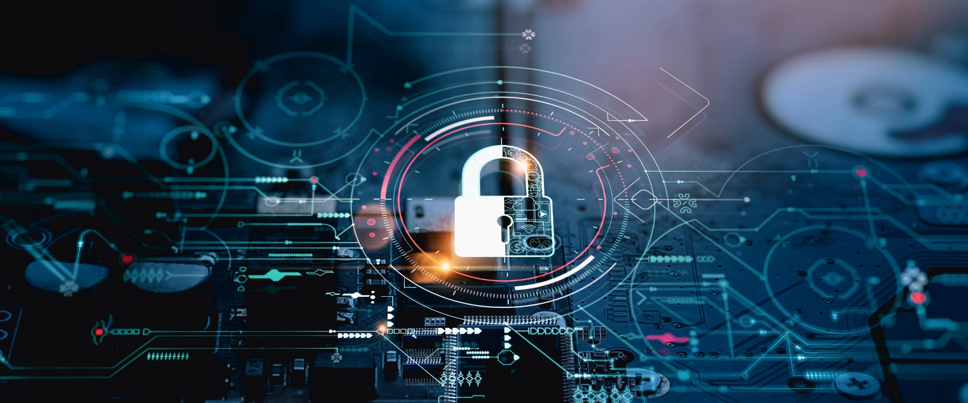 A glowing padlock icon is centered on a background filled with circuit diagrams and digital elements, symbolizing cybersecurity, data protection, and network support.