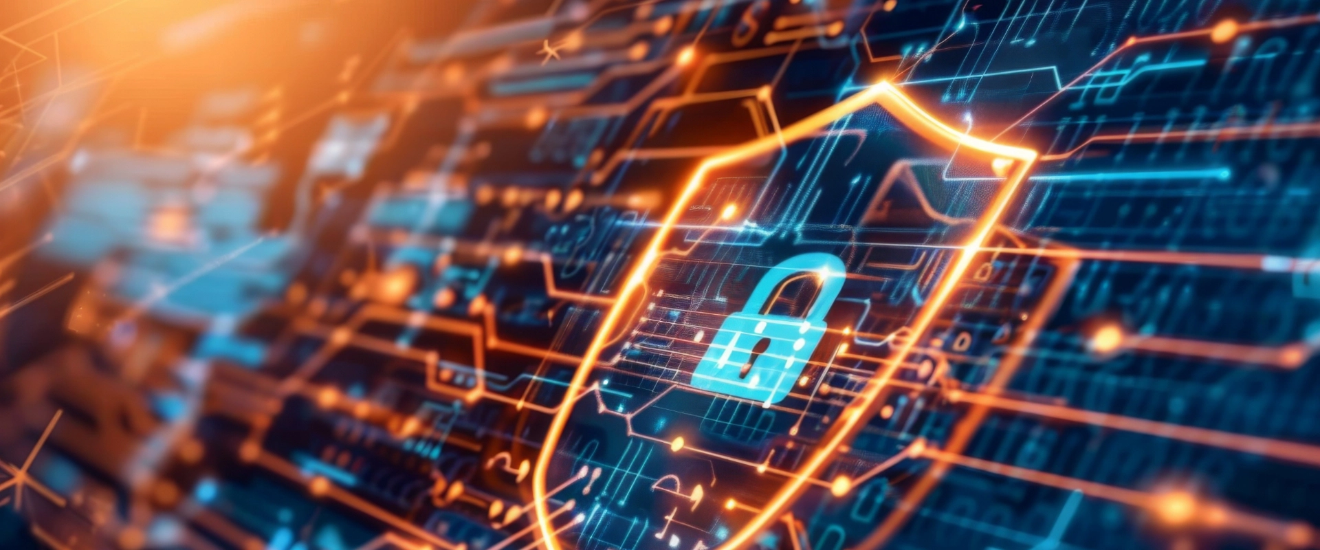 Illustration of a digital security concept featuring a shield with a padlock icon, surrounded by interconnected circuitry and glowing lines in blue and orange hues, symbolizing robust managed IT services.